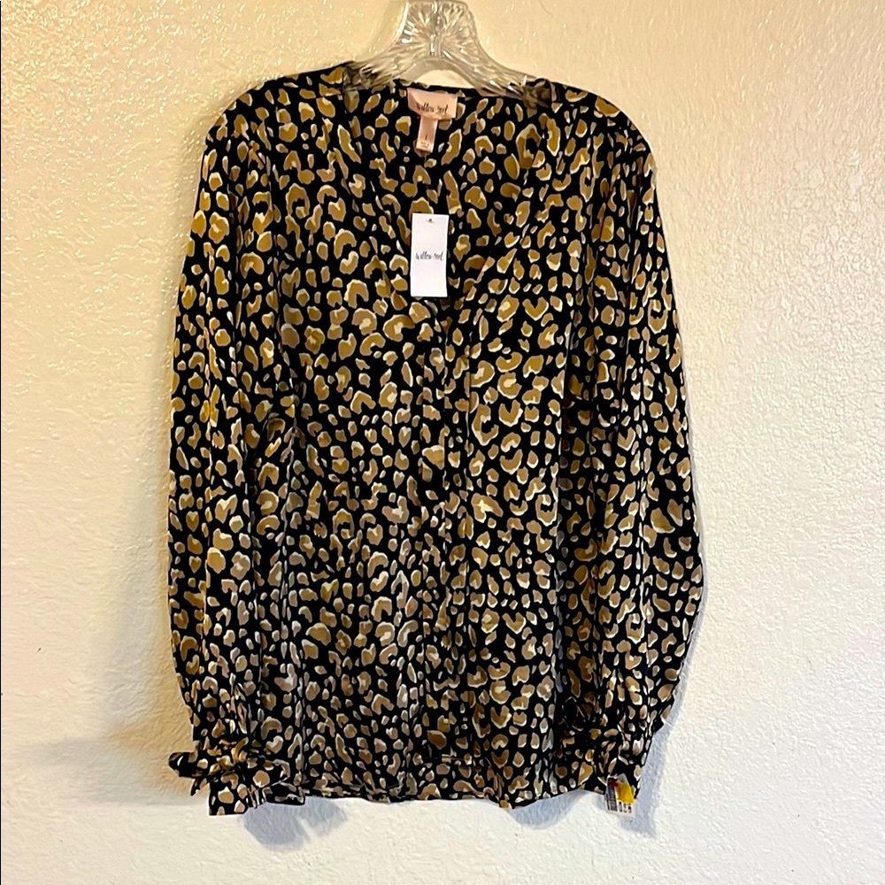 NWT Willow-Root Black and Tan Cheetah Tie Sleeve Blouse with Mandarin Collar
